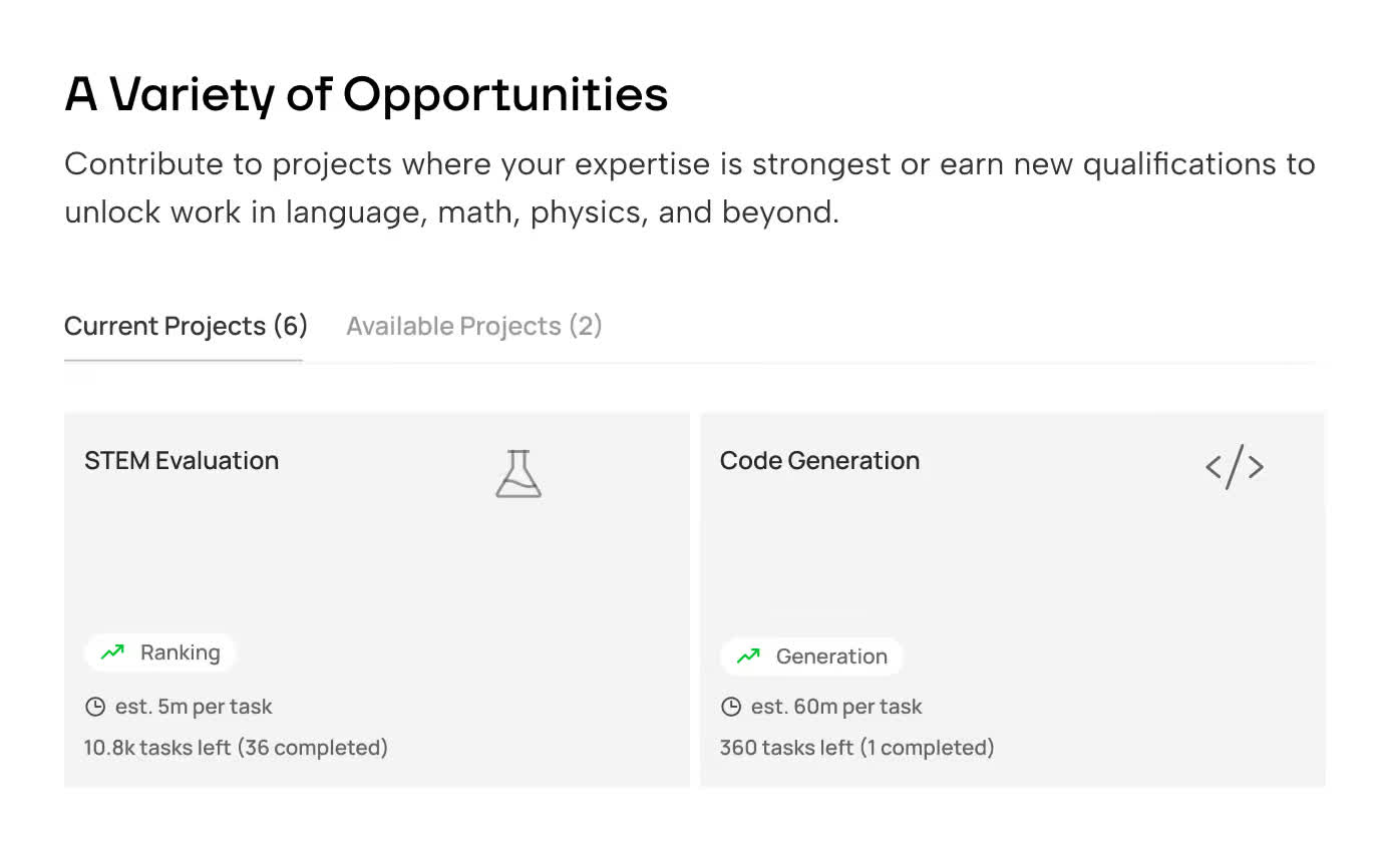 Project board showing available AI evaluation tasks